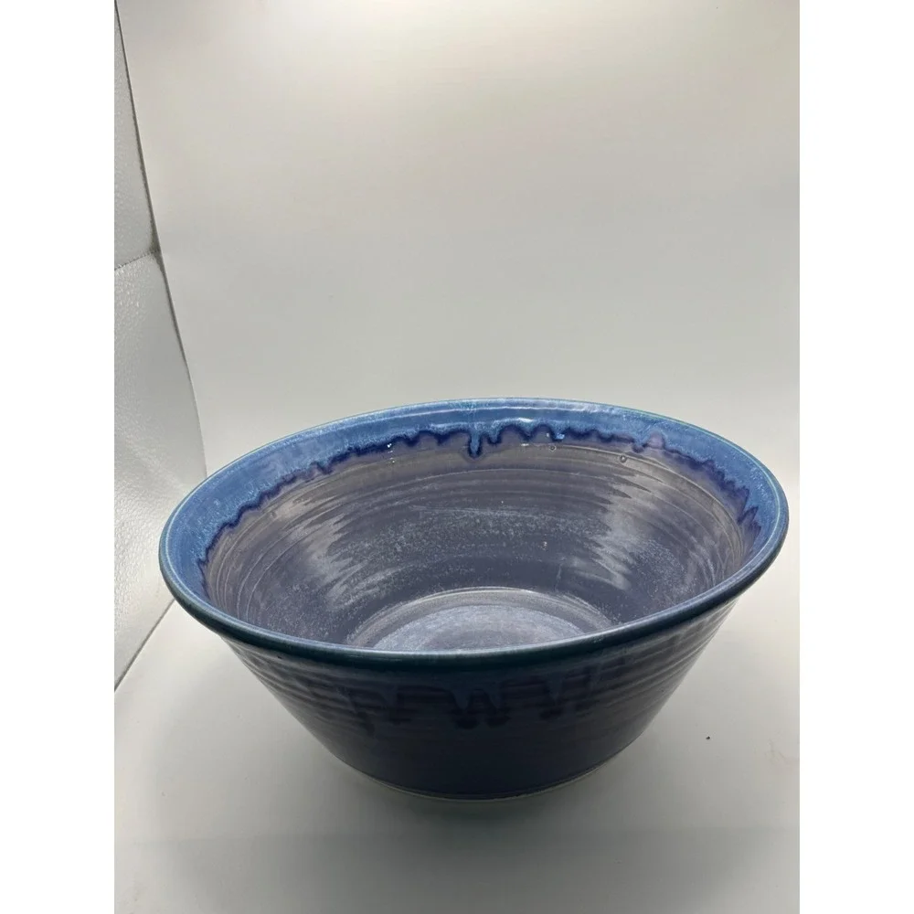 Handmade Studio Pottery Blue Drip Glaze Stoneware Serving Bowl Artisan Signed